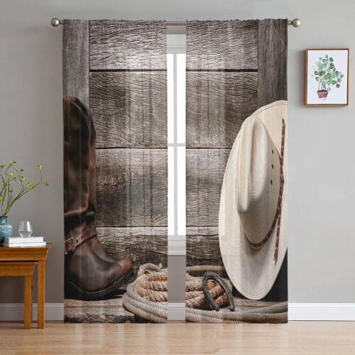 Western Cowboy Style Straw Hat Sheer Curtains for Living Room Bedroom Kitchen Tulle for Windows Voile Yarn Curtains for Bedroom