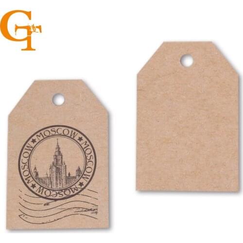 Stock brown kraft paper hang tags,kraft paper garments price swing tags,retro vintage trapezoid moscow word price labels tags
