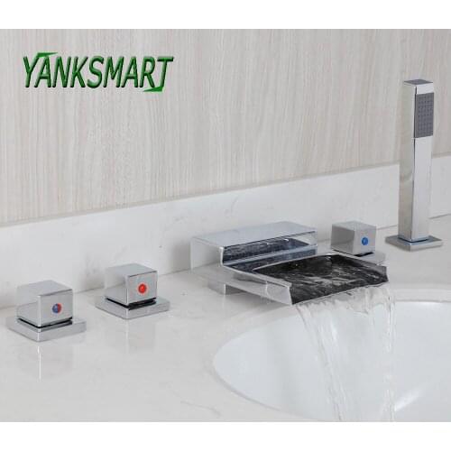 YANKSMART Waterfall Spout 5 Pcs Bathtub Faucet Chrome Polished Deck Mounted Bathroom Shower Faucet Mixer Tap With Handshower