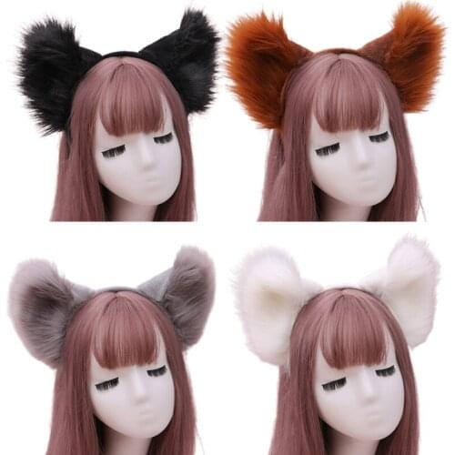 Women Large Furry Cat Ears Headband Solid Color Fluffy Plush Animal Cosplay Costume Hair Hoop Masquerade Party Headpiece