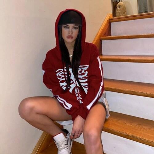 Zip-up Y2K Punk Gothic Harajuku Hooded Sweatshirt Women Skull Printed Goth Grunge Coat Top Korean Loose Long SleeveFemale Jacket