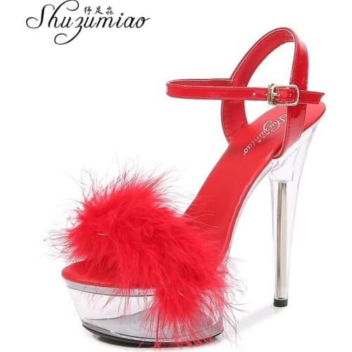 Shuzumiao Fur Bride Shoes Sandals For Women Platform Women Shoes 2021 Summer New Transparent High Heels 15 cm Female Fashion