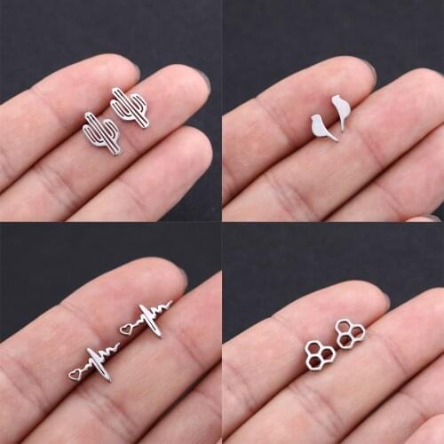 COOLTIME Retro Geometric Plant Cactus Bird Heartbeat Beehive Earrings Female Stainless Steel Jewelry Earrings