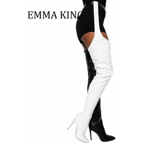 Women Thigh High Boots Black with White Belted Thigh Crotch High Boots Sexy Ladies Party Buckle High Heels Shoes Botas De Mujer