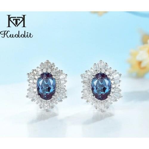Kuololit 2CT lab grown Alexandrite Gemstone stud Earrings for Women Solid 925 Sterling Silver Oval 5x7 earring for Wedding Fine