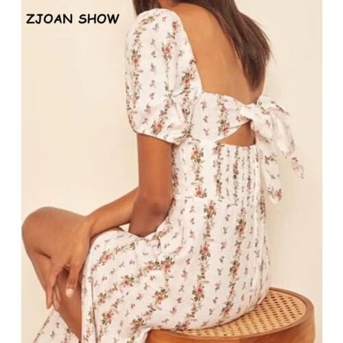 2021 Vintage Tie Bow Backless Striped Floral Print Women Dress Hem Front Split Robe Sexy Beach Holiday Dress