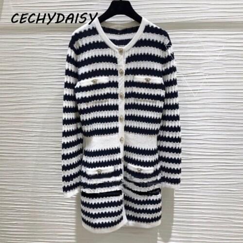 Winter Sweater Dress Women Clothes Gold Line Striped Button Up V-Neck Long Sleeve High Street Elegant Knitted Bodycon Dresses Za