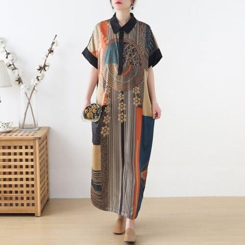 Johnature Women Vintage Dress Polo Collar Short Sleeve Pocket Print Floral Dress 2021 Summer New Polyester Button Loose Dress