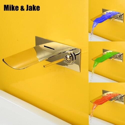 Golden wall led faucet bathroom waterfall led wall mounted faucet waterfall light faucet hot and cold led tap