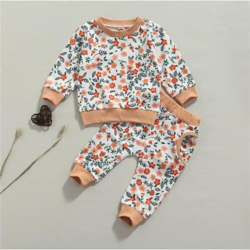 2pcs Outfits Newbron Set Kid Children Autumn Fall Cotton Girls Floral Printed Pattern Pants Baby Clothing