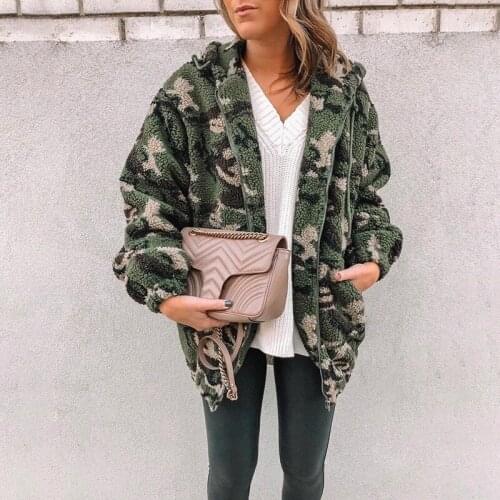 2021 Autumn and Winter New Womens Casual Fashion Long Sleeve Camouflage Hooded Drawstring New Plush Sweater Zipper Jacket Women