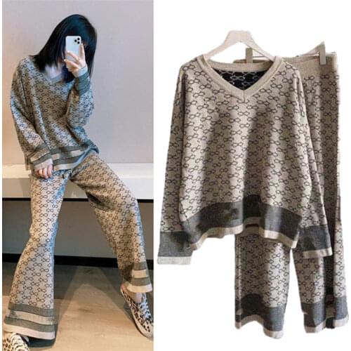 2021 Spring And Autumn New V-neck Retro Bow Jacquard Long Sleeve Sweater Temperament Sweater Wide Leg Pants Set