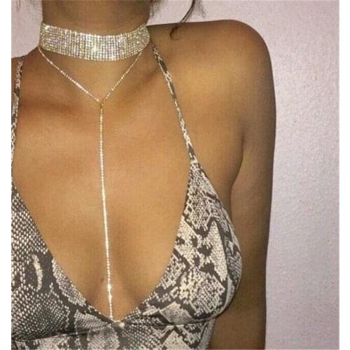 Bohemian Beach Sexy Chest Chain for Women Full Rhinestone Long Necklace Chain Shining Crystal Bra Body Necklace Choker Jewelry