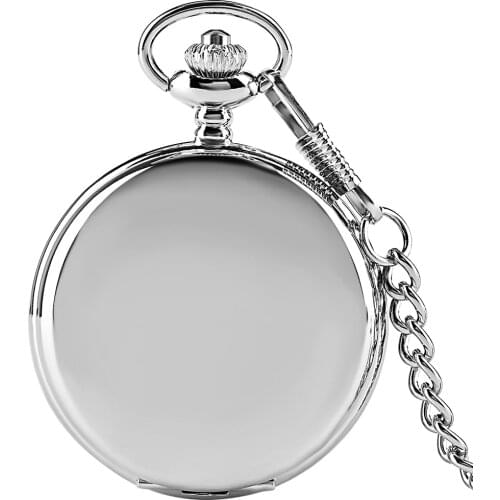Smooth Silver Pocket Watch Full Hunter Pendant Chain Quartz Watches Unisex Men Fob Chain Mirror Pocketwatch Hand Around Reloj