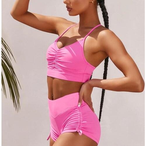 Summer Camisole Drawstring Hot Pants Two Piece Joga Clothes Fitness Sportwear Outfits Female Club Wear Ruched Sexy 2 Piece Set