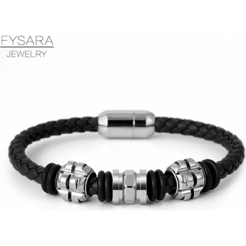 FYSARA Cool Black Red Brown Genuine Leather Stainless Steel Magnetic Buckle Punk Silver Charm Bracelet Mens Gift Custom Size