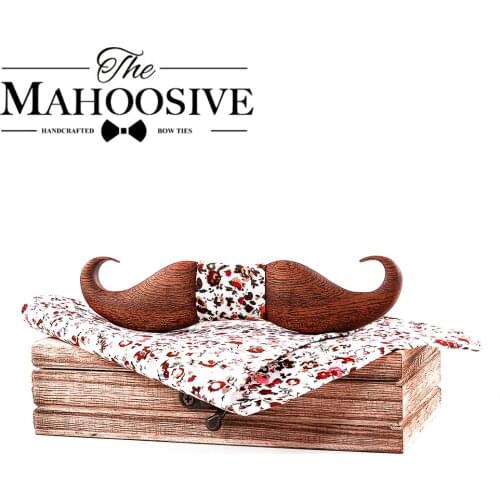 Mahoosive 3D mustache Sapele Wooden bow tie for men gift Foral flower pattern pocket square bow tie set
