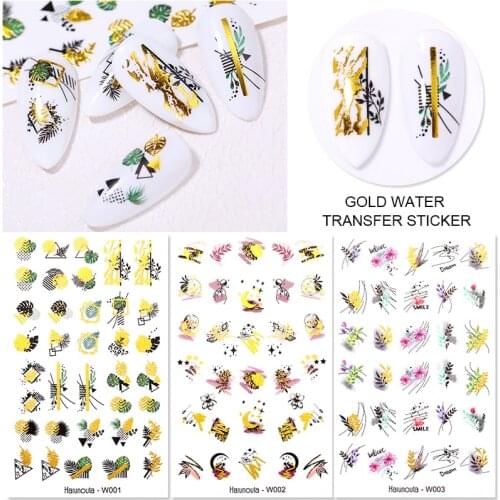 Harunouta Gold Leaves Flower Water Nail Stickers Geometric Dress Transfer Nail Art Water Slider Stickers For Nails Decoration