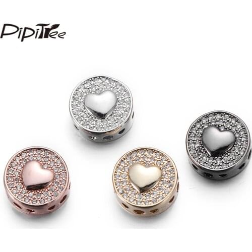 Pipitree 4pcs Heart Charms 12MM Clear CZ Zircon Round Beads for Bracelet Jewelry Making Gold Color DIY Spacer Beads Wholesale