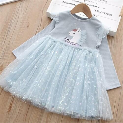 Spring Autumn Unicorn Dress Star and Moon Pattern Casual Dress for Girls
