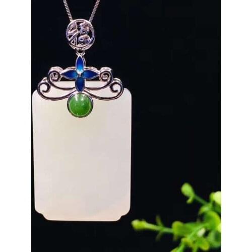 Fine Jewelry Beautiful Natural HeTian Jade Carved Chinese 925 Silver Amulet Lucky Pendant + Free Necklace