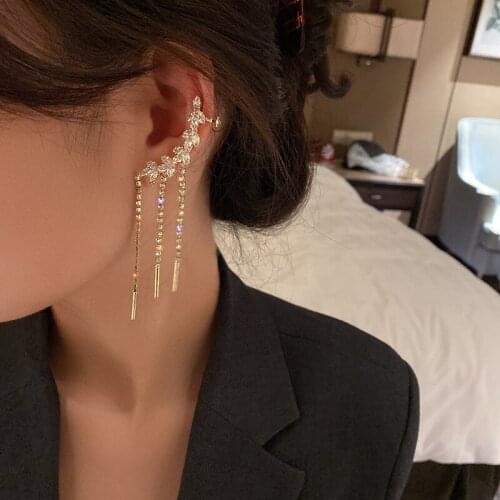 Luxury Crystal Leaf Rhinestone Tassel Dangle Earrings For Women Exquisite Ear Cuff Clip Drop Earrings Korean New Design Jewelry