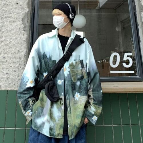 Long Sleeve Shirts Mens Fashion Casual Printed Flower Loose Coat Classic Lapel Tops Bottoming Shirt Male Clothes Four Seasons