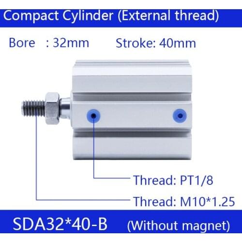 SDA32*40-B, 32mm Bore 40mm Stroke External thread Compact Air Cylinders Dual Action Air Pneumatic Cylinder