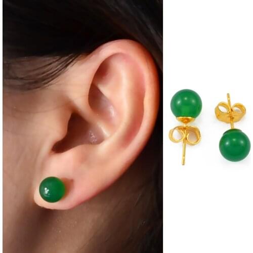 Anniyo Green Stone Ball Earrings For Women Girls Gold Color Beads Stud Earrings Jewelry #003036
