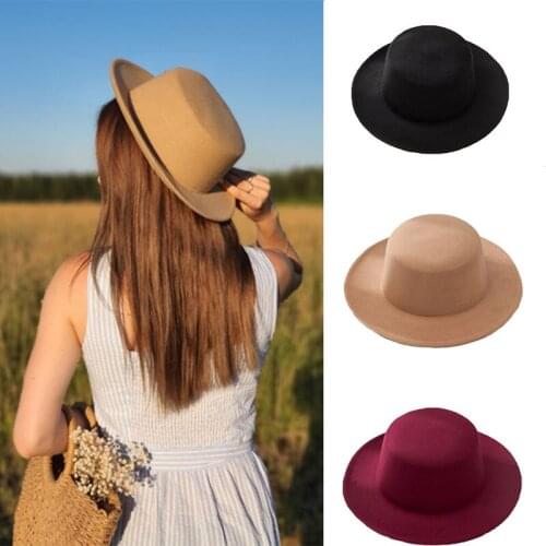 New Classic Solid Color Felt Fedoras for Women Men Artificial Wool Blend Jazz Cap Wide Brim Simple Church Derby Flat Top Hat