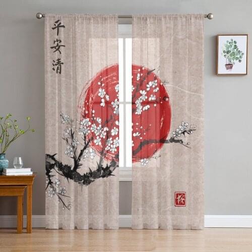 Red Cherry Blossom Sun Branch Chiffon Sheer Curtains for Living Room Bedroom Home Decoration Window Voiles Tulle Curtain