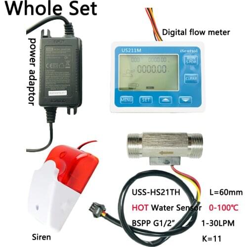 HOT Water 100C US211MA Pipe Water Suspend Alarm System USS-HS21TH SUS304 Inox BSPP G1/2" Flow Sensor Turbine Flowmeter & Siren