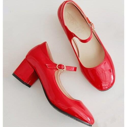 Block Heels Women Pumps Round Toe Medium Heel Buckle School Shoes Spring Patent Leather Mary Jane Shoes Red Big Size 10 41 42 43