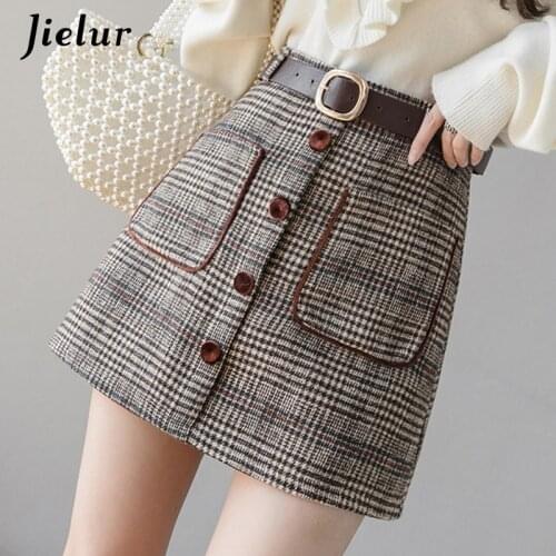 Jielur Plaid Autumn Winter Skirts Womens Mini Slim Saia Faldas Belt A-line Skirts Chic New Korean Button Pocket Women Skirt