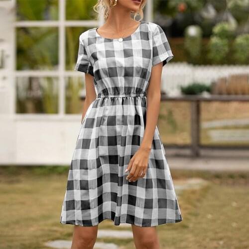 Women Plaid Short Sleeve Dress Summer Casual Loose Waist O-neck A-line Elegant Ladies Holiday Party Dress
