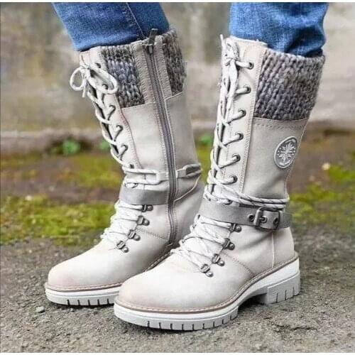 2021 Winter New Womens Stitching Lace Up Zipper Middle Sleeve Boots Waterproof Snow Boots Comfortable Hot Sale