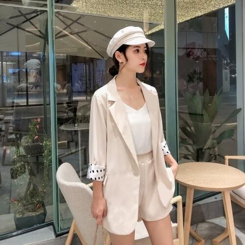 Summer Women Short Suits Dots Patchwork Sleeve Blazer Jacket & Elastic Waist Shorts Female 2 Pieces Set Pant suits Casual 2019
