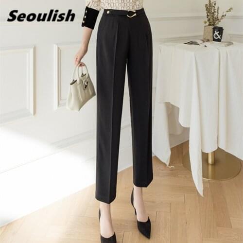 Seoulish 2021 New Formal Womens Harem Pants Solid High Waist Button Female Workwear Elegant Ankle Length Trouses Spring Summer