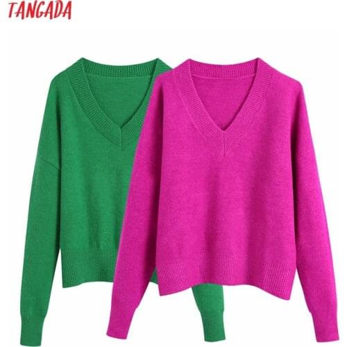 Tangada Women 2021 Fashion Elegant Green Knitted Sweater Jumper V Neck Female Oversize Pullovers Chic Tops BE108