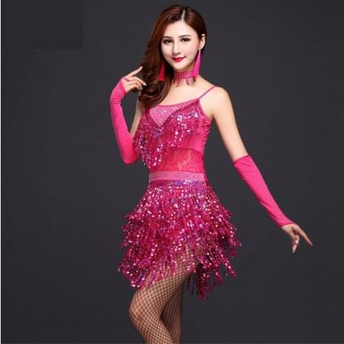 Women Girls Sequined Tassel Drancewear Girls Tango Ballroom Salsa Latin Dance Dress with Hsequins Party Costume Tassel Dresses