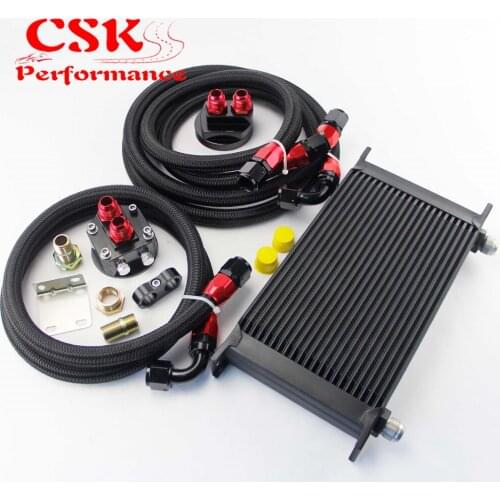 22 Row AN10 Universal Engine Transmission Oil Cooler British Type + Filter Adapter Kit Black/Silver/Blue