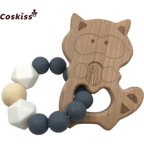 Baby Bracelets Beech Wood Cute Raccoon Nursing Accessories Wooden Teether Baby Shower Gifts Chew Silicone Beads Bracelets