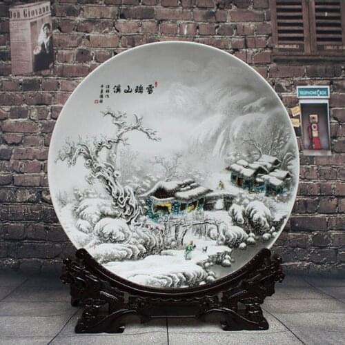 Antique Inmitation Ceramic Porcelain Decoration Plate Artistic Collection with Snowy Scenery Painting