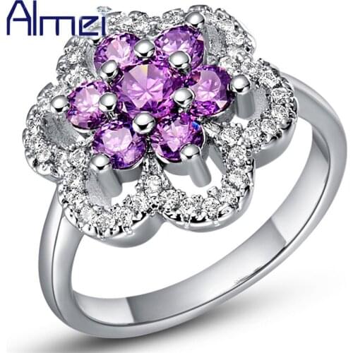 Big Women Accessories Ring Fashion Crystal Silver Color Flower Ring CZ Zircon Engagement Anel Korean Charming Gifts Almei J491