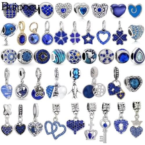 Buipoey 2pcs Dark Blue Earth Beads Heart Dangle Charm Heart Lock Key Pendant Fit Brands Bracelets Diy Jewelry Making Beaded