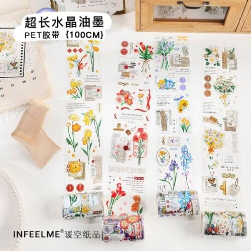 JIANWU 60mmx3m Romantic Floral Washi Tape Crystal Ink PET Masking Tape DIY Scrapbooking Stickers Decorative Stationery Supplies