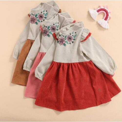Baby Long-Sleeved Dress With Ruffled Trim Floral Print Corduroy Pleated Spring Clothing