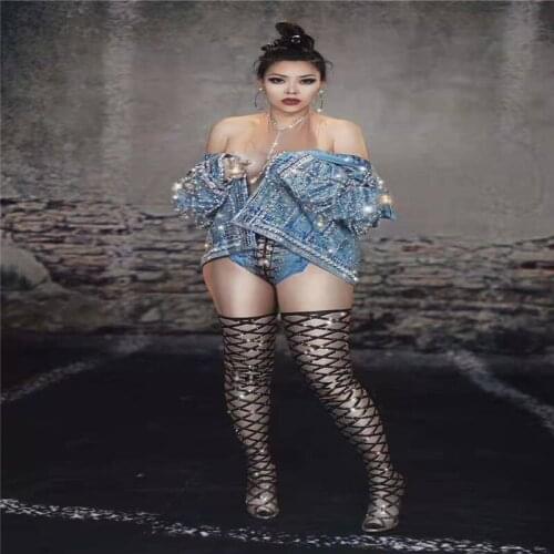 T72 Denim jacket sparkly rhinestones blue jacket hip hop cowboy coat dance costumes singer outfit perform clothes party wears dj