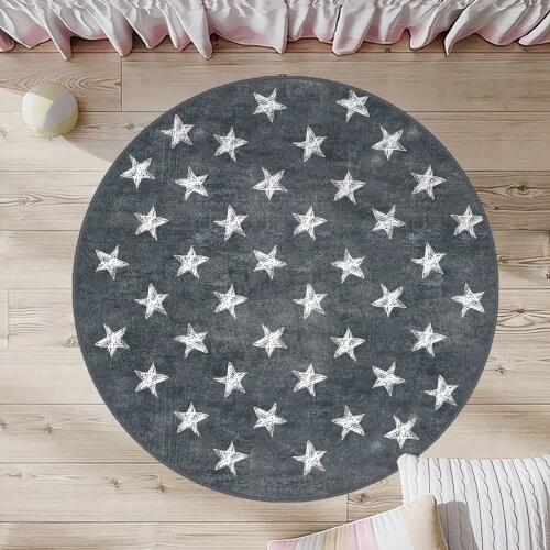 Gri Yuvarlak Çocuk Odası Halısı beyaz yıldızlar desen