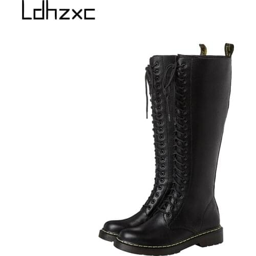 LDHZXC Genuine Leather Knee High Boots Women Sexy Buckle Rubber Sole Cow Leather Winter Boots Woman Party Shoes Plus Size
